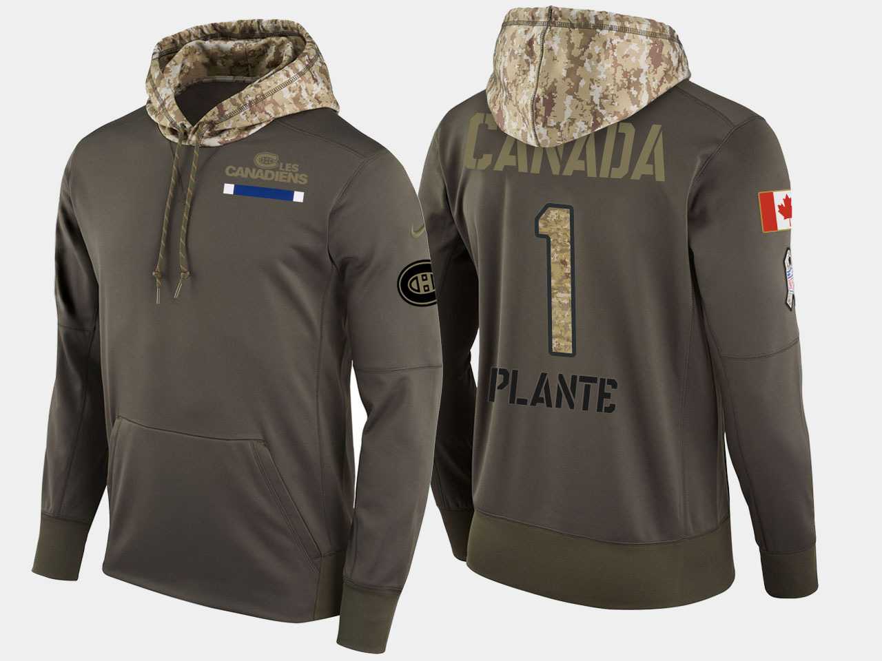 Nike Canadiens 1 Jacques Plante Retired Olive Salute To Service Pullover Hoodie